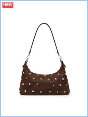 Studded Faux Suede Hobo Shoulder Bag Zip Closure Convertible Strap